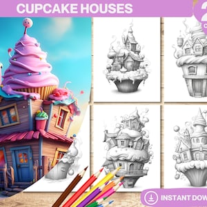 Cupcake Houses Coloring Book | | Printable Cupcake Coloring Pages | Grayscale Cupcakes Colouring Book | Instant Download PDF File