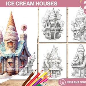 Ice Cream Houses Coloring Book | Ice Cream Coloring Page for Adults and Kids | Grayscale Coloring Book | Instant Download PDF File