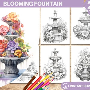 Blooming Fountain Coloring Book | Adults and kids Colouring Books | Instant Download | Grayscale Coloring Page | Printable PDF