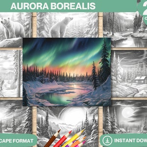 Aurora Borealis Coloring Book | Grayscale Adults and kids Pages | Printable Adult kid Coloring Page | Printable PDF file | Instant Download