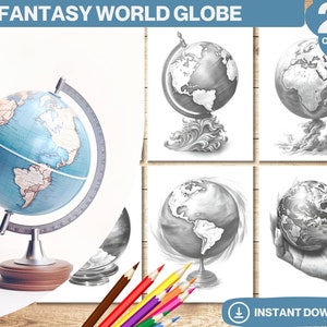 Fantasy World Globe Coloring Book | Printable Adult Coloring Page | Grayscale Colouring Books | Digital Instant Download | Printable PDF