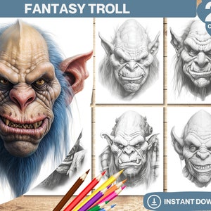 Fantasy Troll Coloring Book | Printable Adult Coloring Pages | Grayscale Colouring Books Digital | Instant Download | Printable PDF