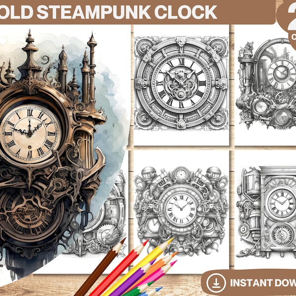 Steampunk Clock Coloring Book | Printable Adult and Kids Coloring Pages | Grayscale Colouring Book Digital | Instant Download Printable PDF