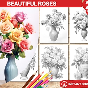 Beautiful Roses Flower Coloring Book | Adults and kids Colouring Books | Instant Download | Grayscale Coloring Page | Printable PDF