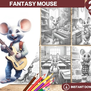 Fantasy Mouse Coloring Book | Colouring pages Adults and kids | Instant Download | Grayscale Coloring Page | Printable PDF
