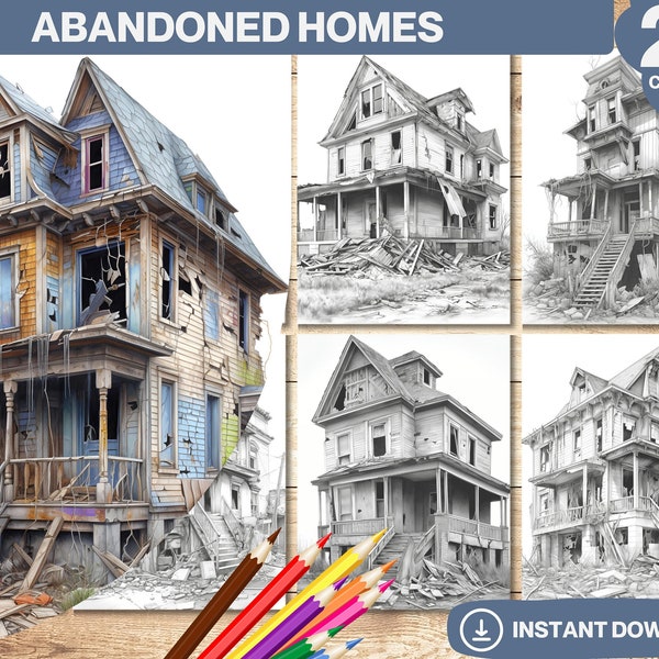 Abandoned Homes Coloring Book | Printable Adults Kids Coloring Pages | Grayscale Colouring Book Digital | Instant Download | Printable PDF