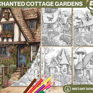 50 Enchanted Cottage Gardens Coloring Book: Grayscale Tree Houses (Printable PDF)
