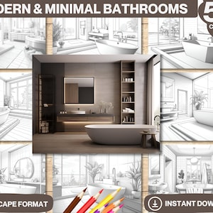 50 Modern & Minimal Bathrooms Coloring Book | Printable Adult and Kid Pages | Interior Design Grayscale Colouring | Digital Instant Download
