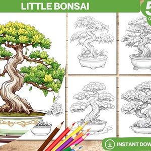 55 Little Bonsai Coloring Book, Adults and kids Colouring Books, Instant Download, Grayscale Botanical Flowers Coloring Page, Printable PDF