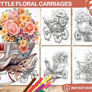 Little Floral Carriages Coloring Book | Adults and kids Colouring Books | Instant Download | Grayscale Coloring Page | Printable PDF