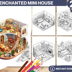 Enchanted Mini House Coloring Book, Adults and kids Coloring Pages, Grayscale Tree House Colouring Books, Printable PDF, Instant Download