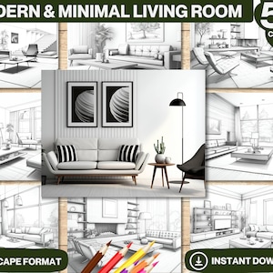 50 Modern & Minimal Living Room Coloring Book | Printable Adult Kid Pages | Interior Design Grayscale Colouring | Digital Instant Download