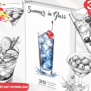 Summer Cocktails Coloring Book: Grayscale Printable Pages (PDF)