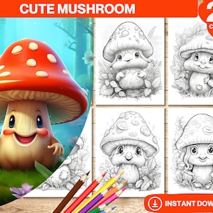 Cute Mushroom Coloring Book | Colouring pages Adults and kids | Instant Download | Grayscale Coloring Page | Printable PDF