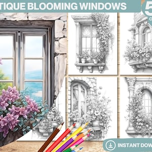 50 Antique Blooming Windows Coloring Book, Adults kids Instant Download, Grayscale Coloring Book, Printable PDF, Window Flowers Fairy