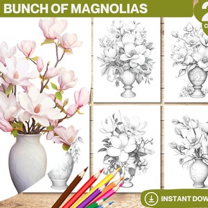 Bunch Of Magnolias Coloring Book | Flower Coloring Page for Kids Printable | Grayscale Coloring Book for Adults | Instant Download PDF File