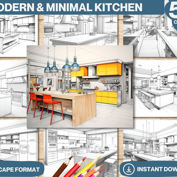 50 Modern & Minimal Kitchen Coloring Book | Printable Adult Kid Pages | Interior Design Grayscale Colouring | Digital Instant Download