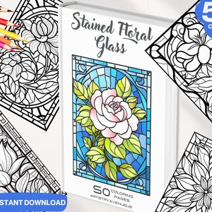 ステンドグラスの花のぬり絵50枚：グレースケールPDF（即時ダウンロード）