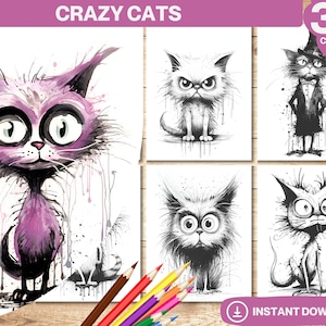 Crazy Cats Coloring Book, Printable Pages Digital, Grayscale Animals Colouring Books, Printable PDF for Adults and Kids, Instant Download