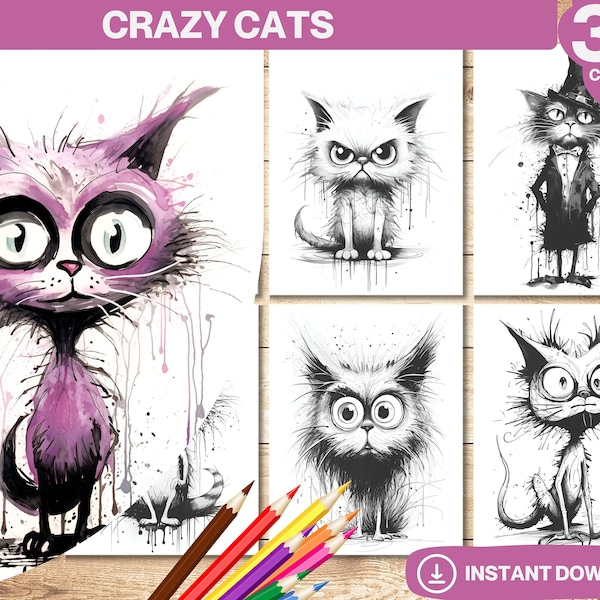 Crazy Cats kleurboek, afdrukbare pagina's digitaal, grijswaarden dieren kleurboeken, afdrukbare PDF voor volwassenen en kinderen, Instant Download