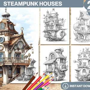 Steampunk Houses Coloring Book | Fairy House Coloring Page for Adults and Kids | Grayscale Coloring Book | Instant Download PDF File
