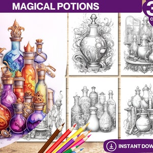 Magical Potions Coloring Book: Grayscale Fantasy Art (Printable PDF)