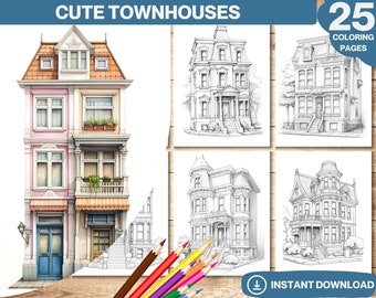 Townhouses Coloring Book | 25 Grayscale Pages (PDF Download