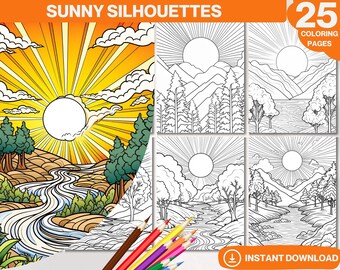 Sunny Silhouettes Coloring Book: 25 Nature-Inspired Grayscale Pages (Instant Download)