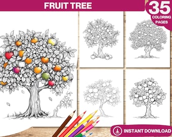 Fruit Tree Coloring Book: 35 Grayscale Pages (Printable PDF)