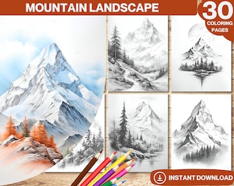 Mountain Landscape Coloring Book: 30 Grayscale Pages (PDF Download)