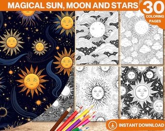 Libro para colorear Sol, Luna y Estrellas: Fantasía Celestial en Escala de Grises (PDF imprimible)