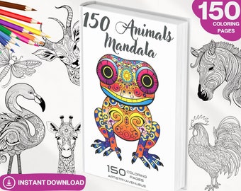 150 Animals Mandala Coloring Book, PDF, Printable Coloring Pages, Simple Mandalas, Stress Relief Patterns, Art Therapy, Adult & Kid Page