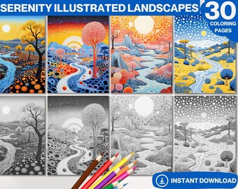 Puede incluir: Un conjunto de 30 páginas para colorear que presentan paisajes ilustrados con caminos sinuosos, árboles y ríos. Las páginas están en blanco y negro con algunos ejemplos de color. Las imágenes son estilizadas y caprichosas.