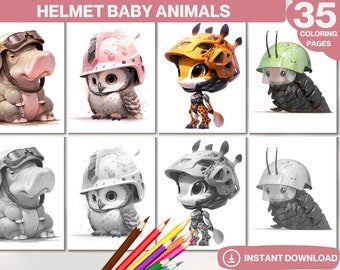 May include: 35 coloring pages featuring baby animals wearing helmets. The animals include a hippopotamus, an owl, a giraffe, and a caterpillar. The coloring pages are black and white.