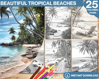 Tropical Beaches Coloring Book: 25 Grayscale Pages (Digital Download)