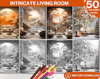 Intricate Living Room Coloring Book: 50 Grayscale Interior Designs (Digital Download)