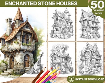 50 Enchanted Stone House Coloring Pages: Grayscale Cottages (Printable PDF)
