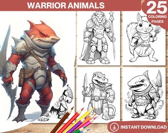 May include: A set of 25 coloring pages featuring warrior animals. The images include a shark, a lion, a squirrel, a crocodile, and a shark. The coloring pages are black and white and are ready to be colored.