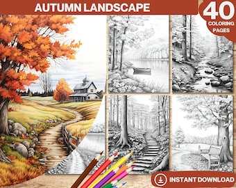 Autumn Landscape Coloring Book: 40 Grayscale Pages (Printable PDF)