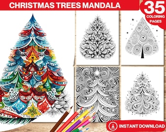 May include: A set of 35 printable coloring pages featuring intricate Christmas tree mandalas. The designs include a variety of patterns, including circles, swirls, and stars. The mandalas are perfect for adults and children who enjoy coloring.