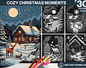 Op de afbeelding: Een set van 30 zwart-wit kleurplaten met knusse winterscènes. De afbeeldingen tonen besneeuwde huizen, bomen en herten in een winterse wonderland-setting. De tekst "Cozy Christmas Moments" en "Direct downloaden" is ook in de afbeelding opgenomen.