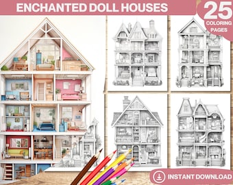Enchanted Doll Houses Coloring Book: Grayscale Treehouse Designs (Printable PDF)
