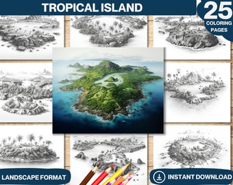 Tropical Island Coloring Book: Grayscale Printable Pages (PDF)