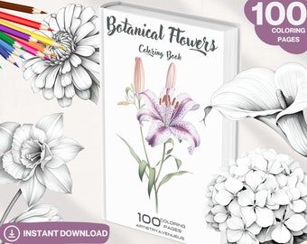 100 Botanical Flowers Coloring Book | Adults and kids Colouring Books | Instant Download | Grayscale Coloring Page | Printable PDF