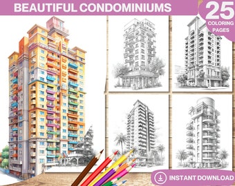 Condominiums Coloring Book: Architecture Grayscale Pages (Instant Download)