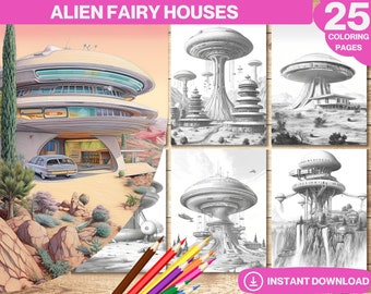 May include: A set of 25 coloring pages featuring whimsical alien fairy houses. The pages include a variety of designs, from flying saucer-shaped homes to treetop dwellings.  The coloring pages are perfect for kids and adults who love to color and dream of outer space.