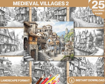 Libro para colorear de pueblos medievales: 25 páginas de castillos de fantasía (descarga inmediata)