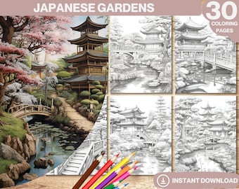 30 Japanese Gardens Coloring Book: Botanical Illustrations (Printable PDF)
