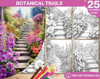 Botanical Trails Coloring Book: Fantasy Village Architecture (Instant Download)
