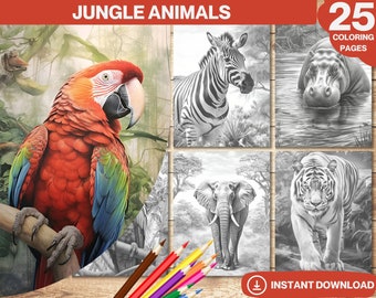 Libro para colorear de animales de la selva / Páginas para colorear de animales salvajes / Libro para colorear para adultos y niños / PDF imprimible / Descarga instantánea